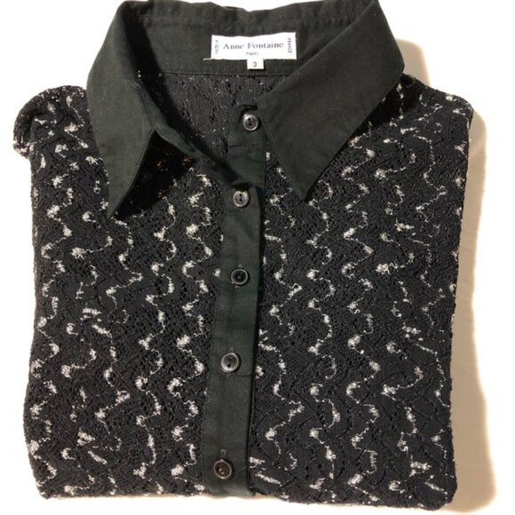 Anne Fontaine black white open knit lace collared long sleeve blouse sz 3 sheer - Picture 11 of 11